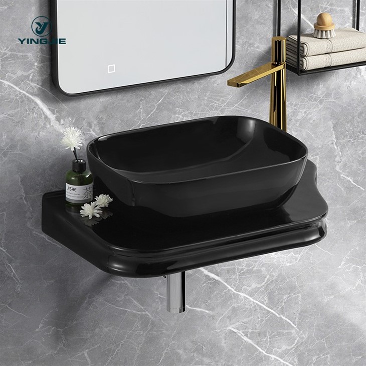 ബേസിൻ ഉള്ള ഗ്ലോസി ബ്ലാക്ക് വാൾ വാനിറ്റി